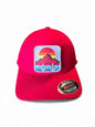 Moove Headwear red fitted hat with cactus and mountain sunset patch. Mid-profile structured crown, durable fabric.
