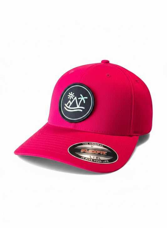 Moove Headwear bright red fitted hat with tropical palm tree sunset patch. Flexfit technology.