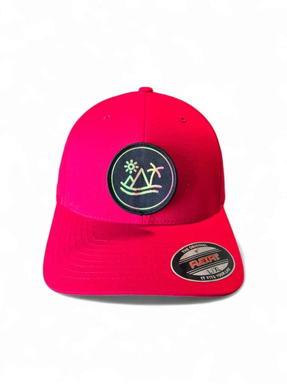Moove Headwear bright red fitted hat with tropical palm tree sunset patch and Flexfit technology