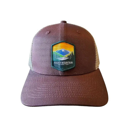 Moove Headwear brown trucker hat with Rocky Mountain National Park embroidered patch and mesh back