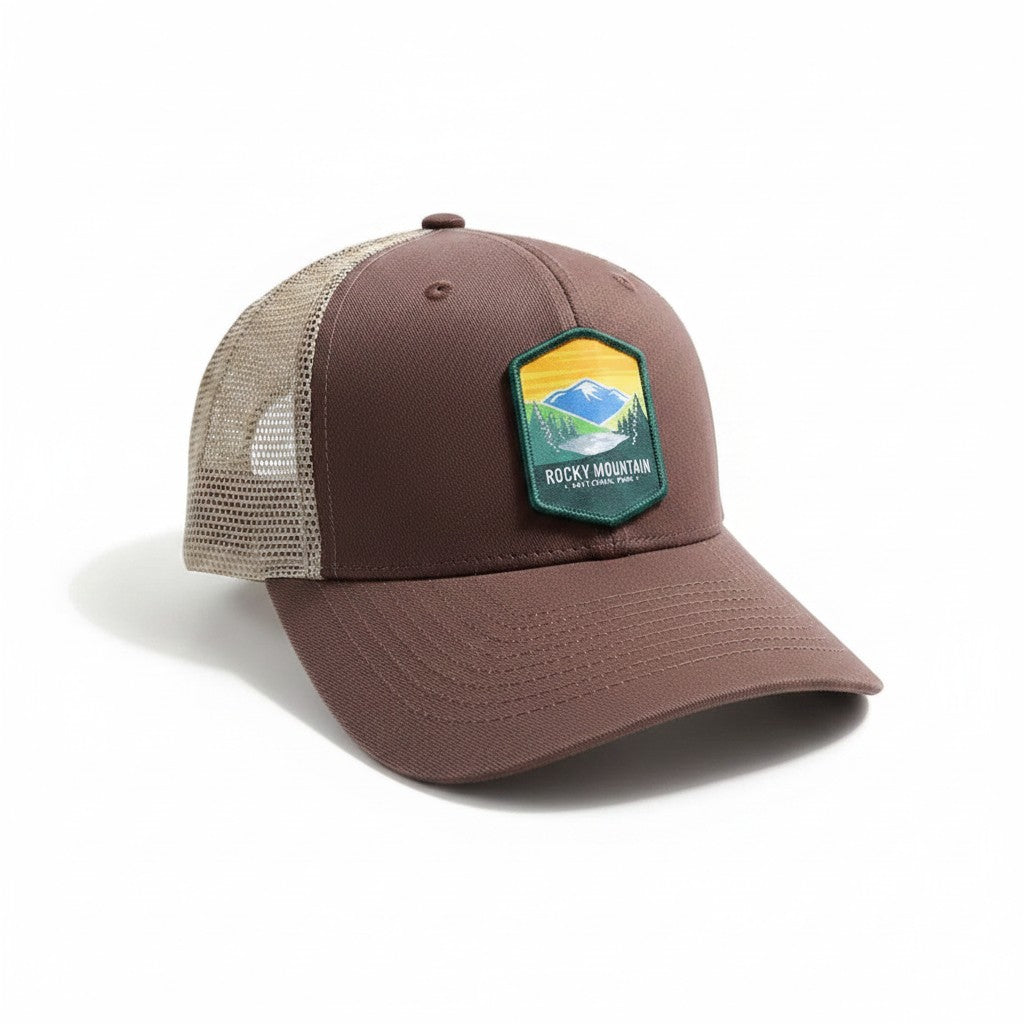 Moove Headwear brown trucker hat with Rocky Mountain National Park logo patch, adjustable snapback