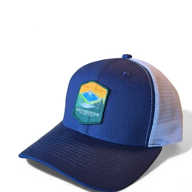 Moove Headwear navy blue trucker hat with white mesh back and Rocky Mountain National Park embroidered patch.