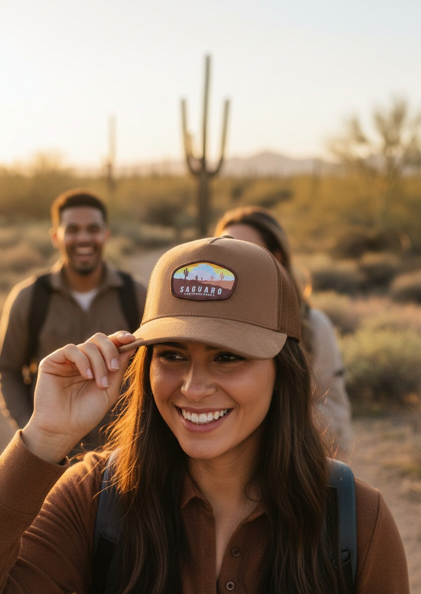 Moove Headwear Saguaro National Park trucker hat in brown suede with mesh back and desert landscape patch.