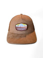 Moove Headwear Saguaro National Park trucker hat in brown suede with mesh back and desert landscape patch.