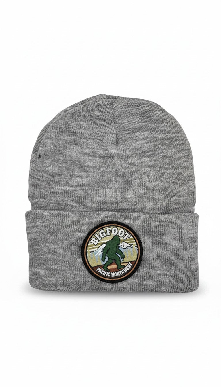 Moove Headwear Heather Grey acrylic knit beanie with Bigfoot Pacific Northwest patch. Ribbed cuff.