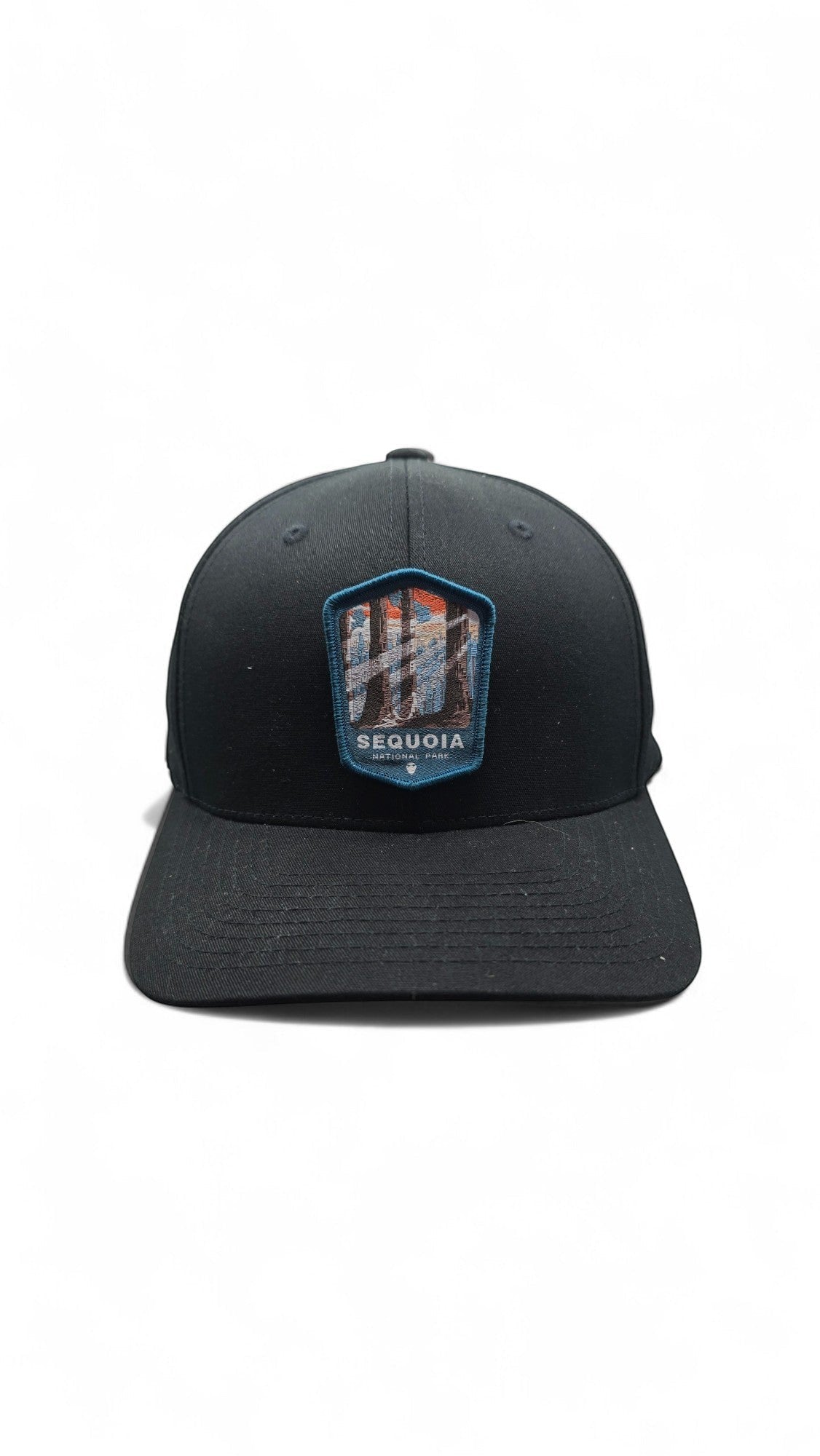 Moove Headwear black baseball cap with embroidered Sequoia National Park patch featuring redwood trees and sunset.