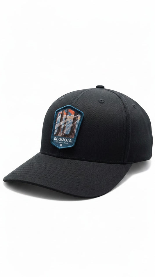 Moove Headwear black baseball cap with Sequoia National Park embroidered patch featuring redwood trees and sunset.