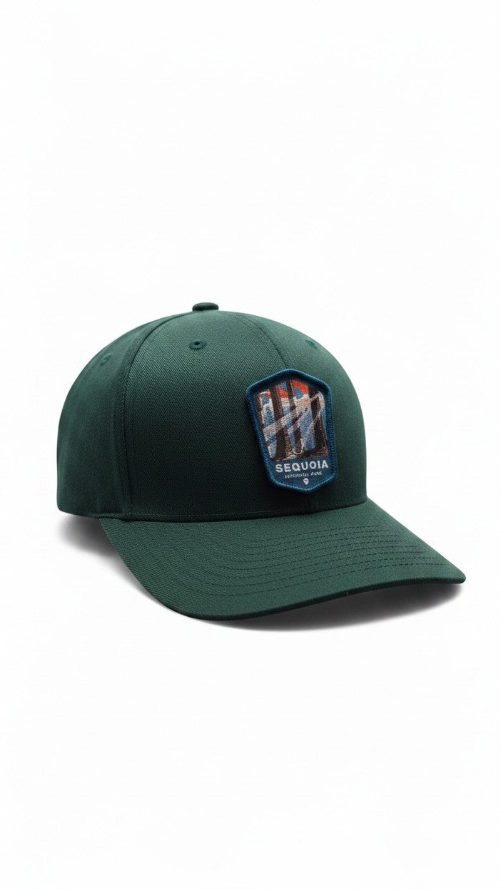 Moove Headwear dark green fitted baseball cap with embroidered Sequoia National Park patch on the front.