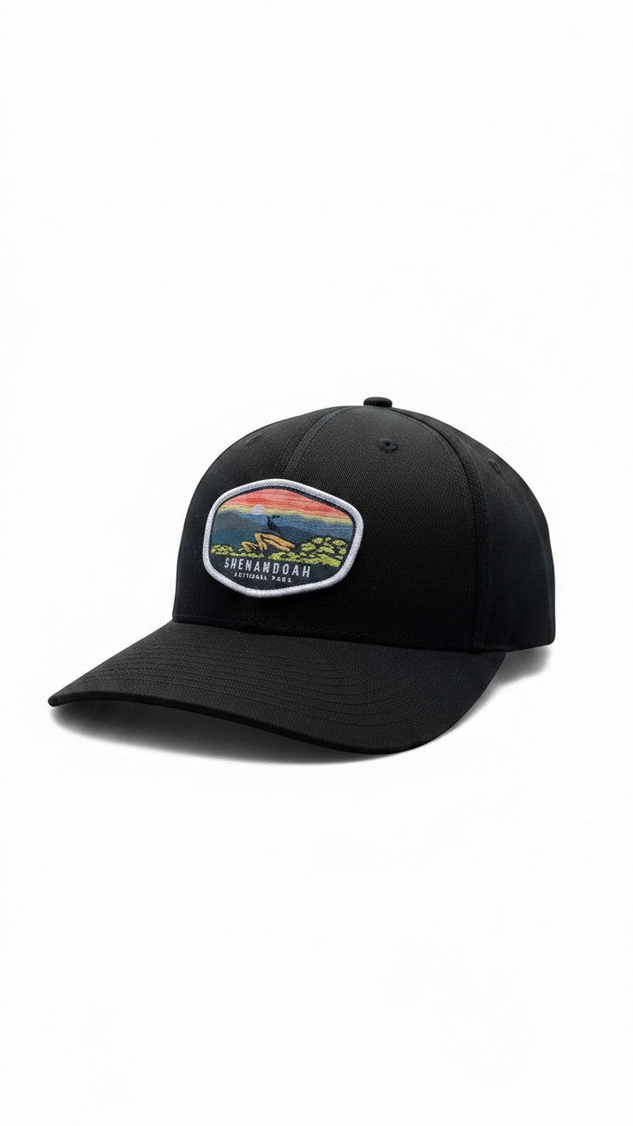 Moove Headwear black fitted cap with Shenandoah National Park patch featuring a sunset over mountains and trees.