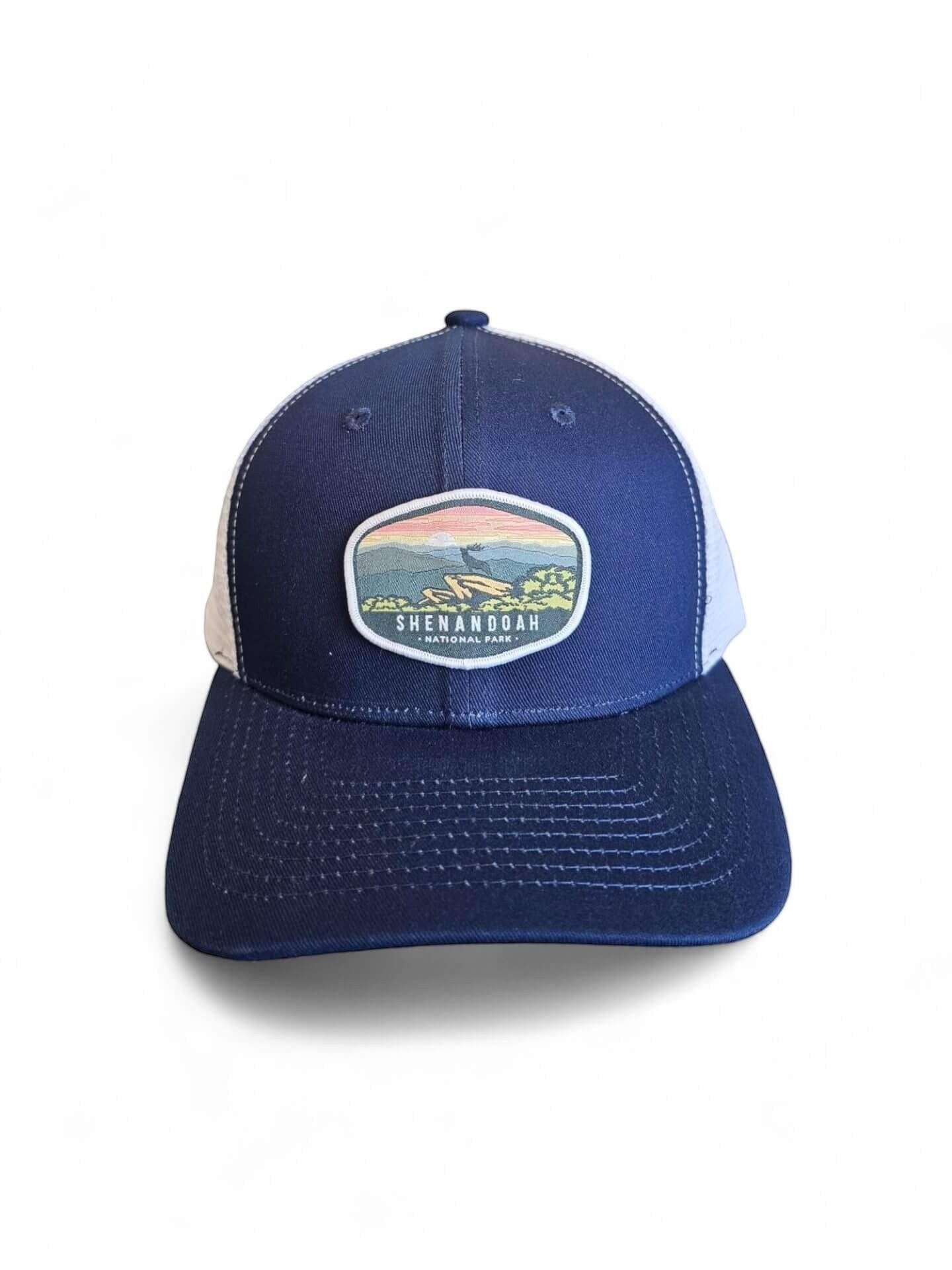 Moove Headwear navy blue and white mesh snapback hat with Shenandoah National Park embroidered patch.