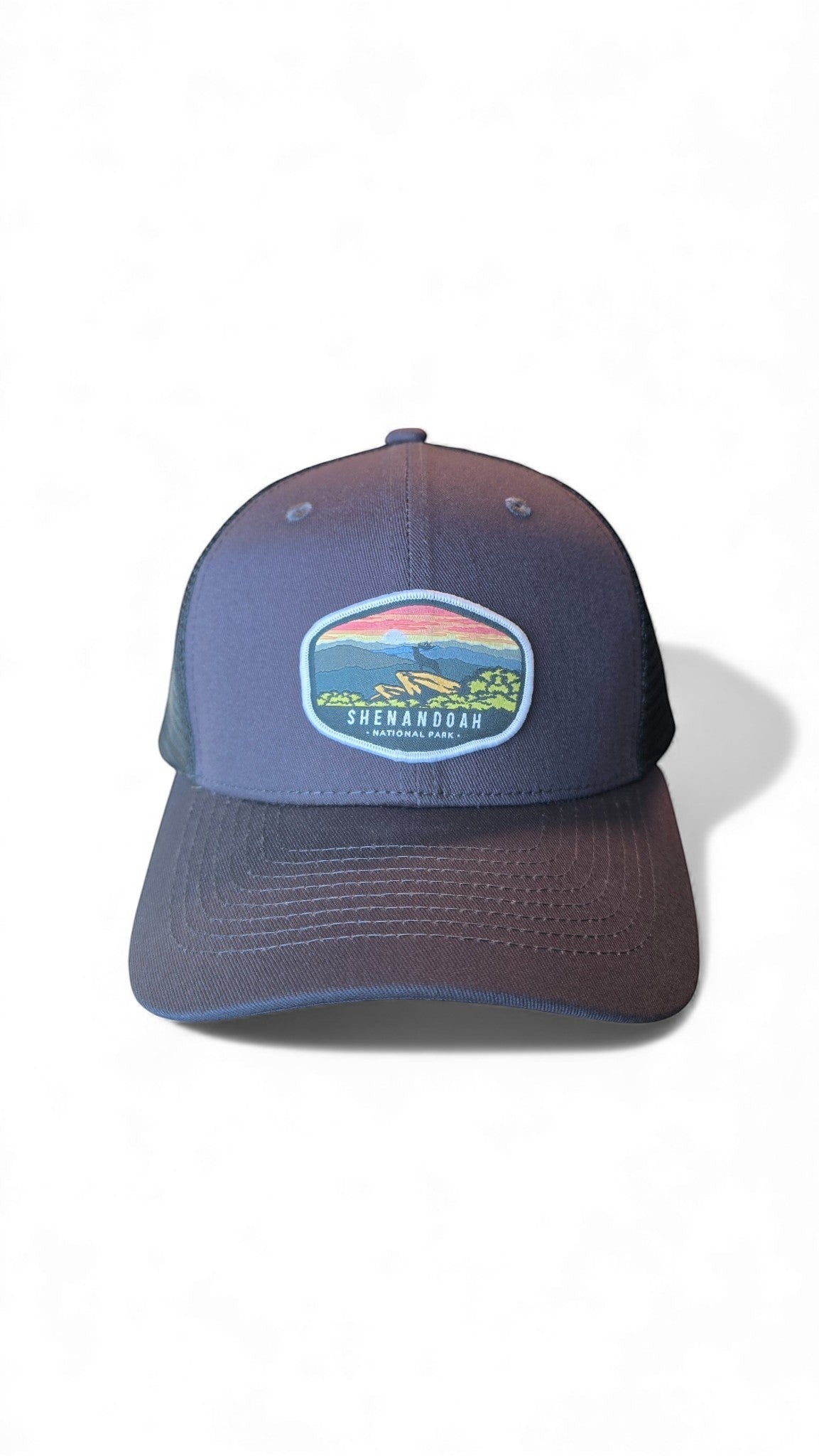 Moove Headwear charcoal grey snapback hat with embroidered Shenandoah National Park mountain landscape patch.