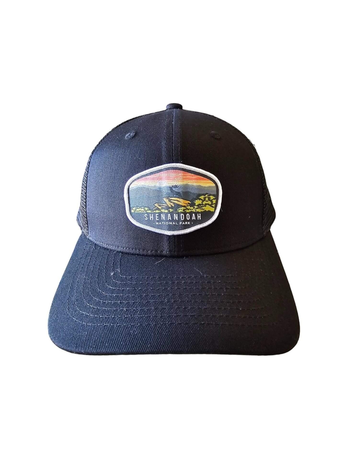 Moove Headwear black vintage snapback hat with Shenandoah National Park embroidered patch and mesh back.