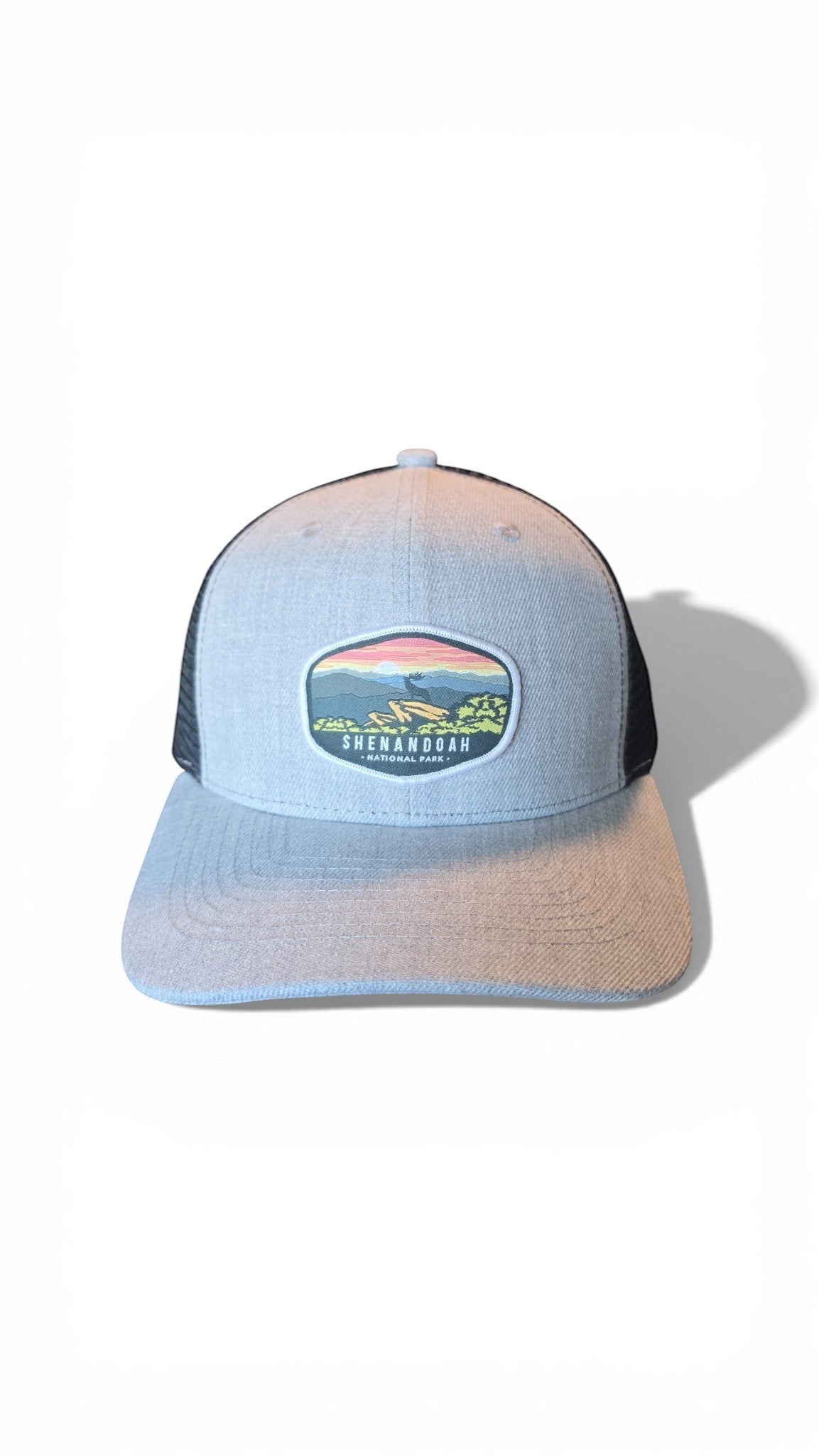 Moove Headwear light grey trucker hat with black mesh back and embroidered Shenandoah National Park patch.