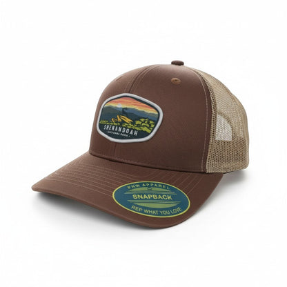Moove Headwear brown embroidered Shenandoah National Park vintage snapback hat with mesh back.