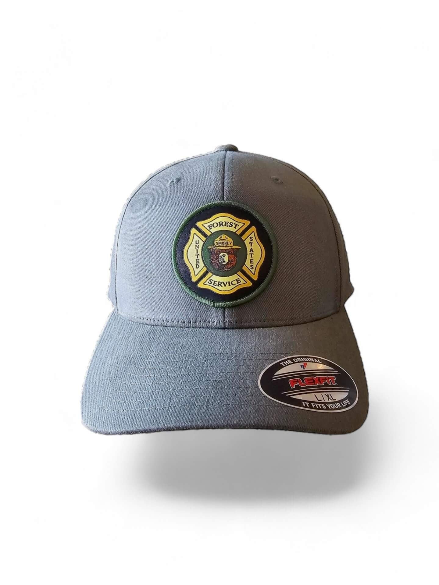 Moove Headwear grey baseball cap with official Smokey Bear US Forest Service patch, adjustable fit.