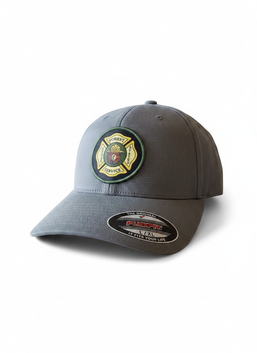 Moove Headwear grey baseball cap with official Smokey Bear US Forest Service patch, adjustable fit.