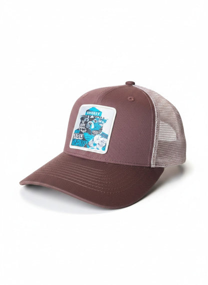Moove Headwear brown trucker hat with mesh back and Smokey Bear graphic saying "If not you, who? Only you can prevent wildfires."