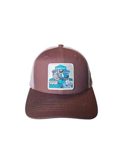 Moove Headwear brown trucker hat with mesh back and Smokey Bear graphic saying "Only you can prevent wildfires"