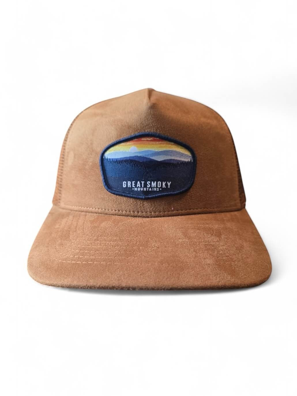 Moove Headwear tan suede baseball cap with mesh back and embroidered Great Smoky Mountains patch.