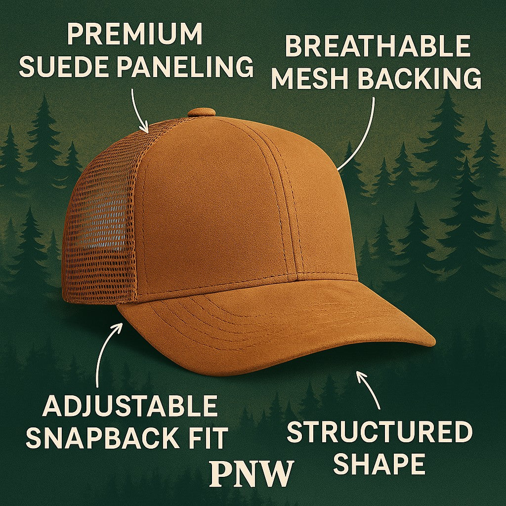 Moove Headwear brown suede trucker hat with breathable mesh backing and adjustable snapback closure.