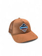 Moove Headwear brown suede trucker hat with mesh back and Everest Base Camp patch. Adjustable snapback.