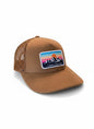 Moove Headwear brown suede trucker hat with mesh back and mountain sunset patch. Adjustable snapback.