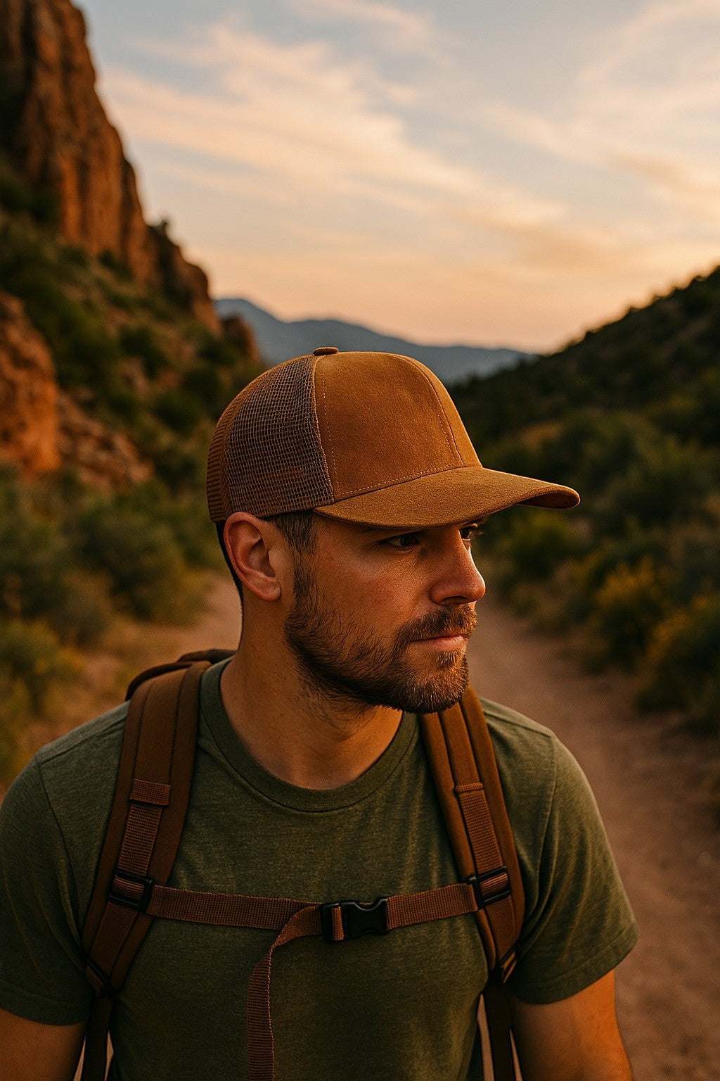 Moove Headwear tan suede trucker hat with mesh back, perfect for hiking and camping.