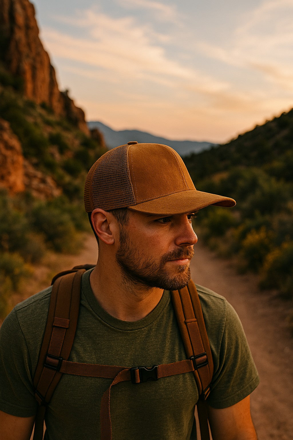 Moove Headwear tan suede trucker hat with mesh back, worn by a man hiking in Denali National Park.
