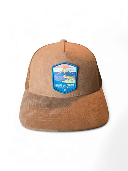 Moove Headwear tan suede 5-panel dad hat with mesh back and Hawaii Volcanoes National Park patch.