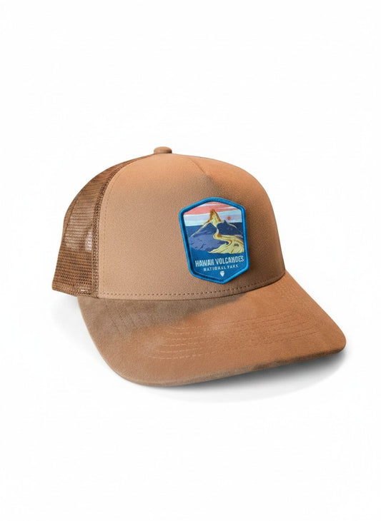 Moove Headwear tan suede 5-panel dad hat with mesh back and Hawaii Volcanoes National Park patch.