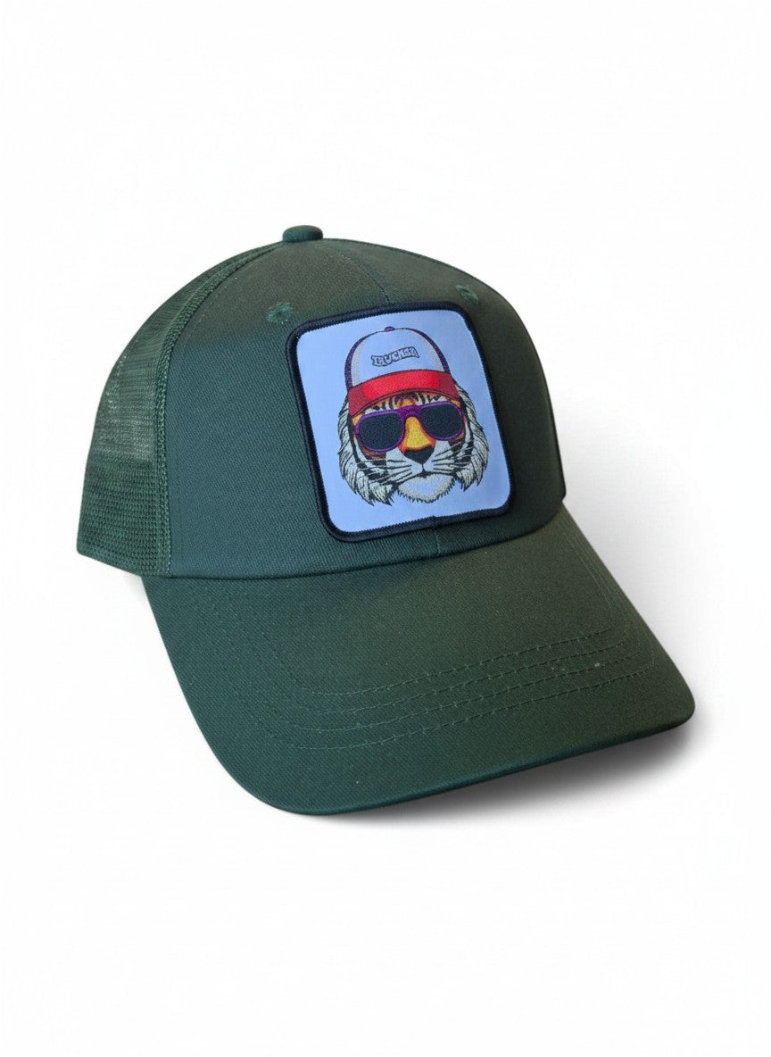 Moove Headwear dark green cotton twill dad hat with a low-profile, adjustable fit and a patch featuring a tiger wearing sunglasses and a trucker hat.