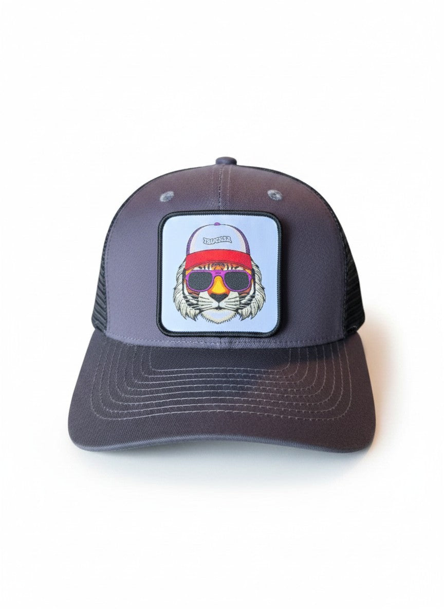Moove Headwear grey trucker snapback hat with a patch of a tiger wearing sunglasses and a red bandana.