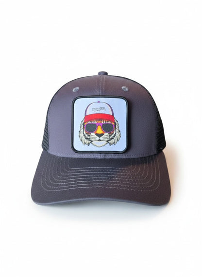 Moove Headwear grey trucker snapback hat with a patch of a tiger wearing sunglasses and a red bandana.