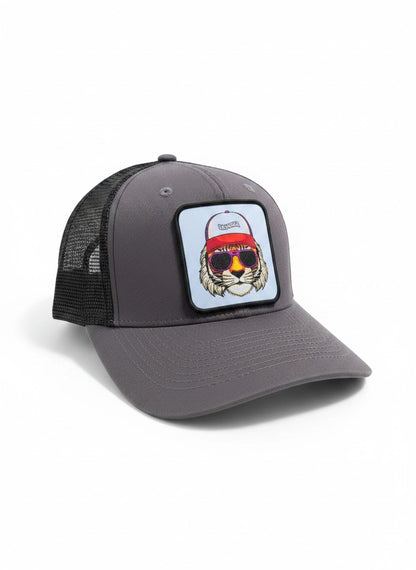 Moove Headwear grey trucker hat with mesh back and embroidered tiger wearing sunglasses and a red bandana.