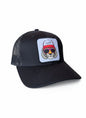 Moove Headwear black trucker hat with mesh back and a patch of a tiger wearing sunglasses and a trucker hat.