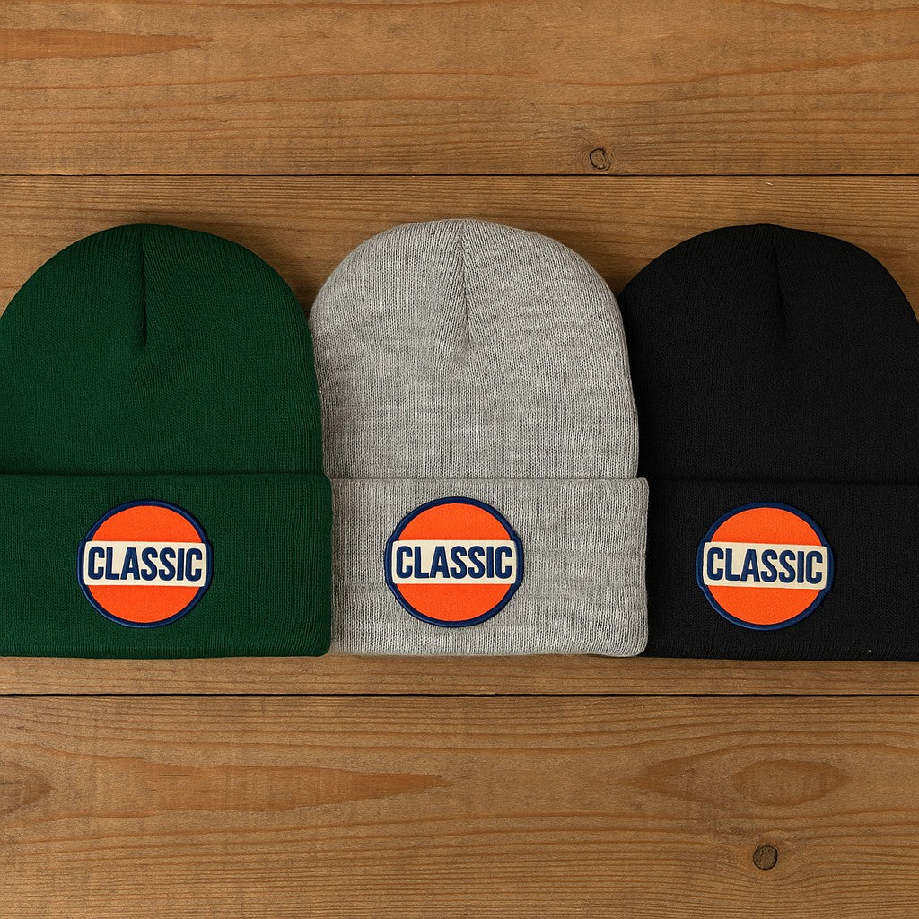 Moove Headwear three knit beanies in green, gray, and black, each with a classic Union 76 gas patch.