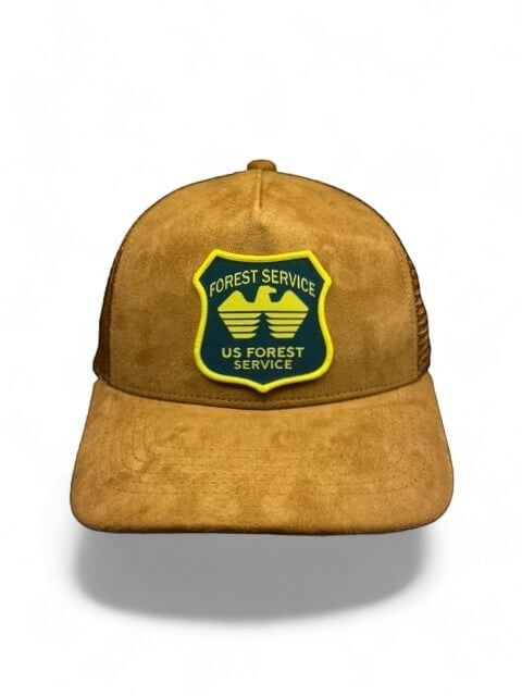 Moove Headwear USFS Ranger Trucker Hat in tan suede with mesh back and US Forest Service patch.