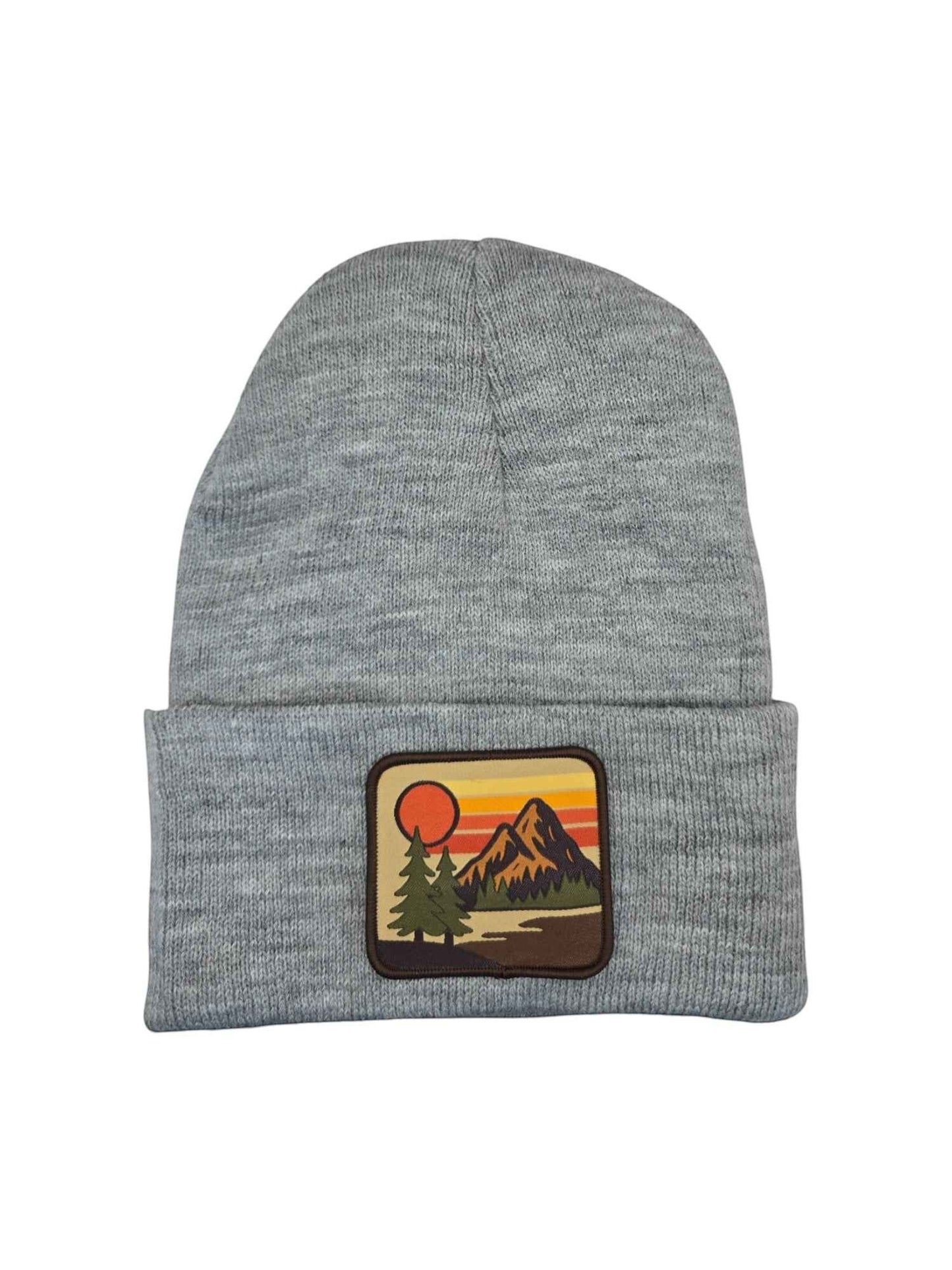 Moove Headwear grey knit cuffed beanie with vintage mountain sunset patch. Unisex fit.