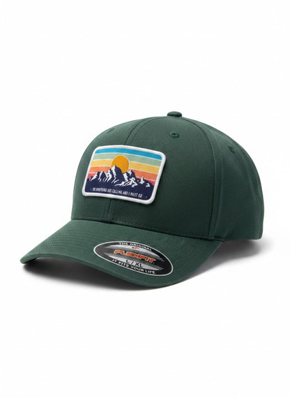 Moove Headwear dark green Flexfit baseball cap with vintage mountain sunset patch, perfect for hiking.