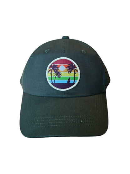 Moove Headwear dark green unisex baseball cap with a circular vintage patch featuring palm trees, a surfboard, and a rainbow sunset.
