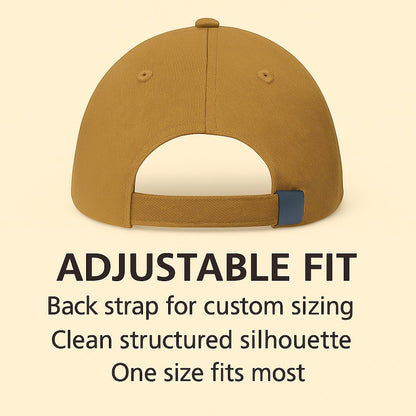 Moove Headwear vintage tan dad hat with adjustable brass buckle and hook and loop closure. Retro outdoor adventure style.