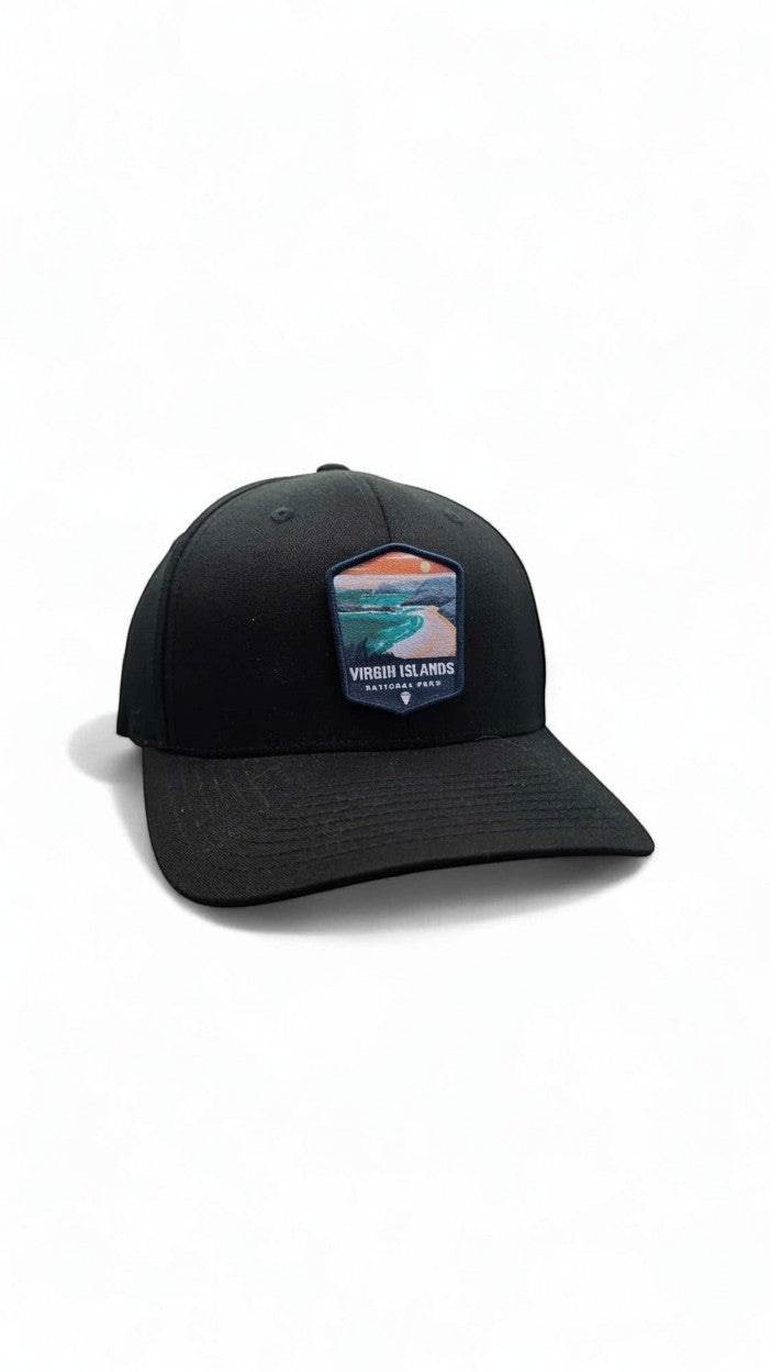 Moove Headwear black fitted cap with curved brim and Virgin Islands National Park patch.
