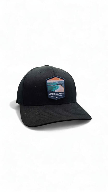 Moove Headwear black fitted cap with curved brim and Virgin Islands National Park patch.