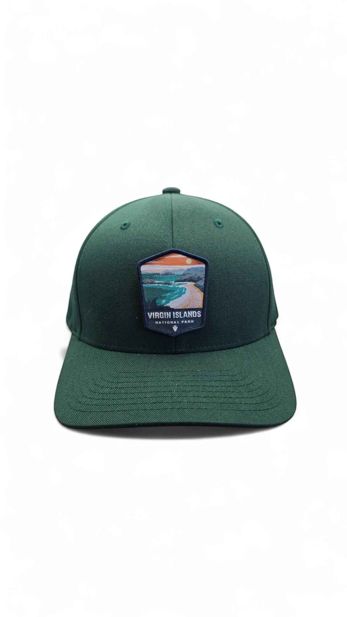 Moove Headwear dark green fitted cap with curved brim and Virgin Islands National Park embroidered patch.