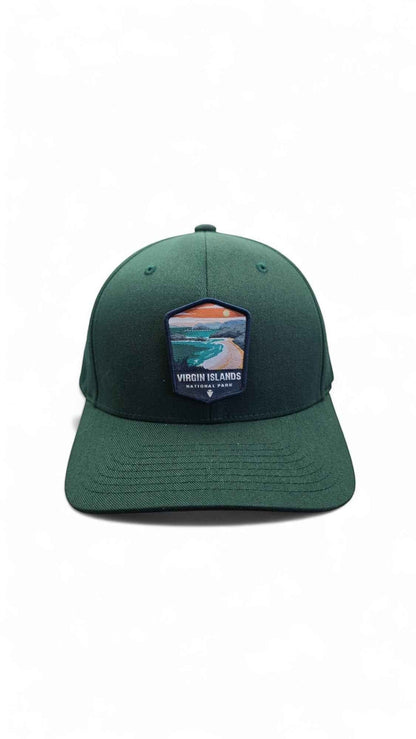 Moove Headwear dark green fitted cap with curved brim and Virgin Islands National Park embroidered patch.
