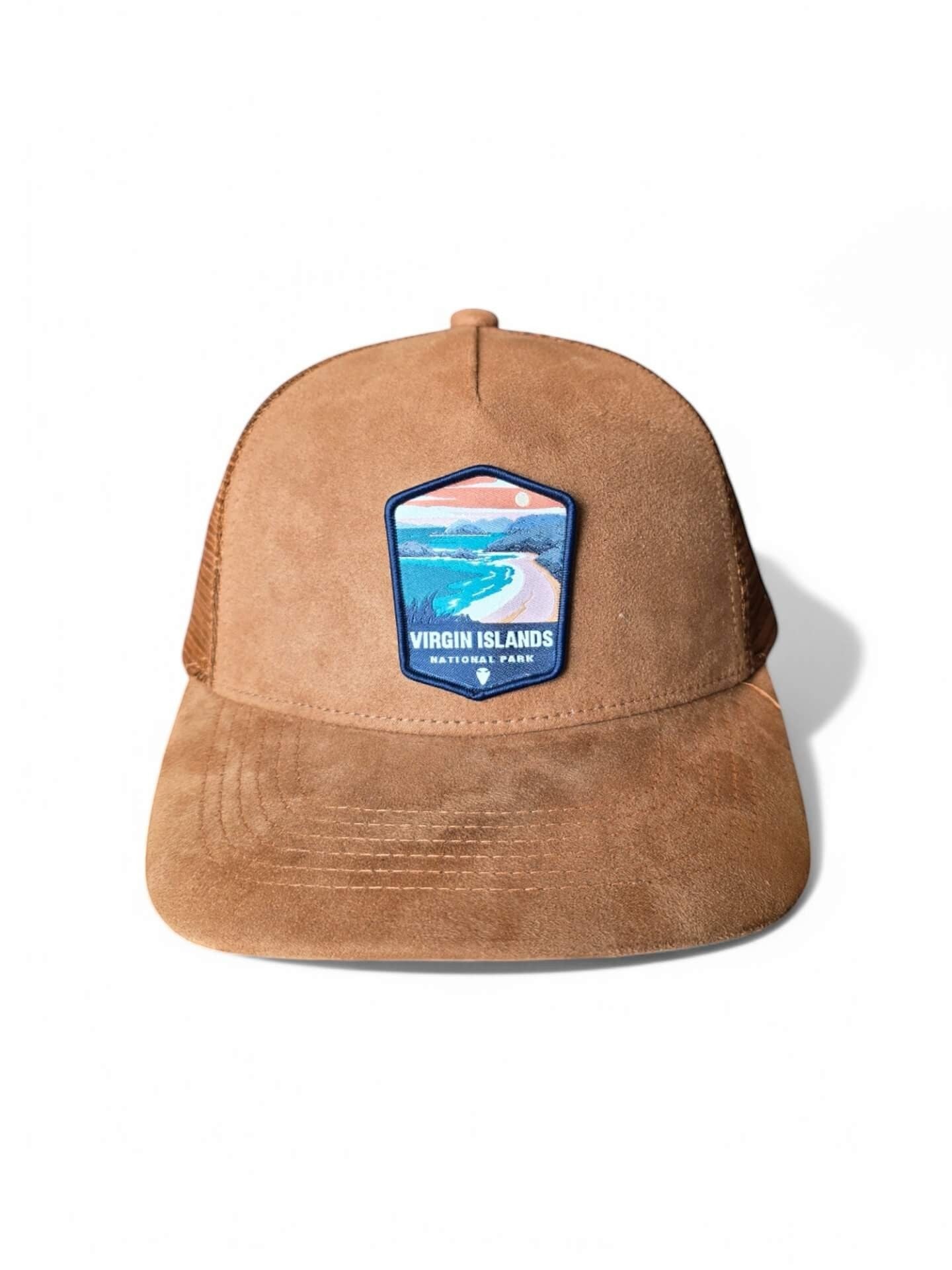 Moove Headwear brown suede snapback hat with Virgin Islands National Park patch and mesh back panels.