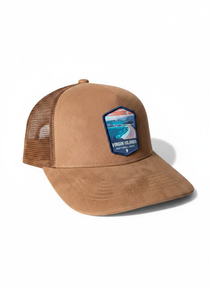 Moove Headwear brown suede snapback hat with Virgin Islands National Park patch and mesh back panels.