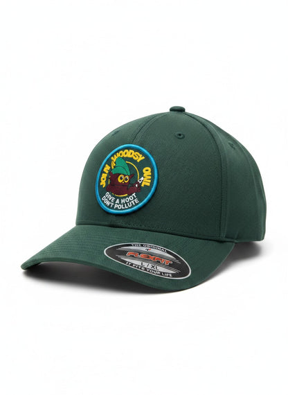 Moove Headwear dark green baseball cap with a woven patch featuring Woodsy Owl and the slogan "Give a Hoot, Don't Pollute."