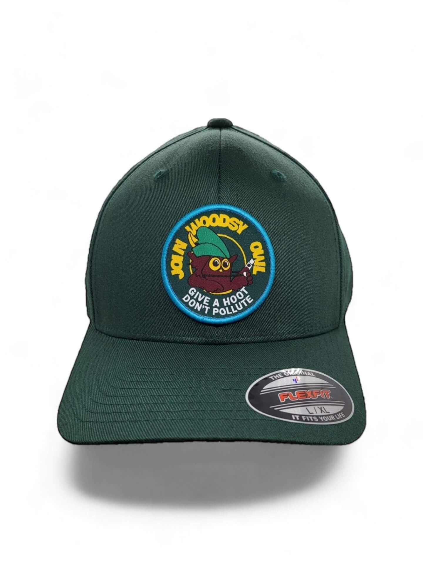 Moove Headwear dark green baseball cap with a woven patch featuring Woodsy Owl and the slogan "Join, Give a Hoot, Don't Pollute."