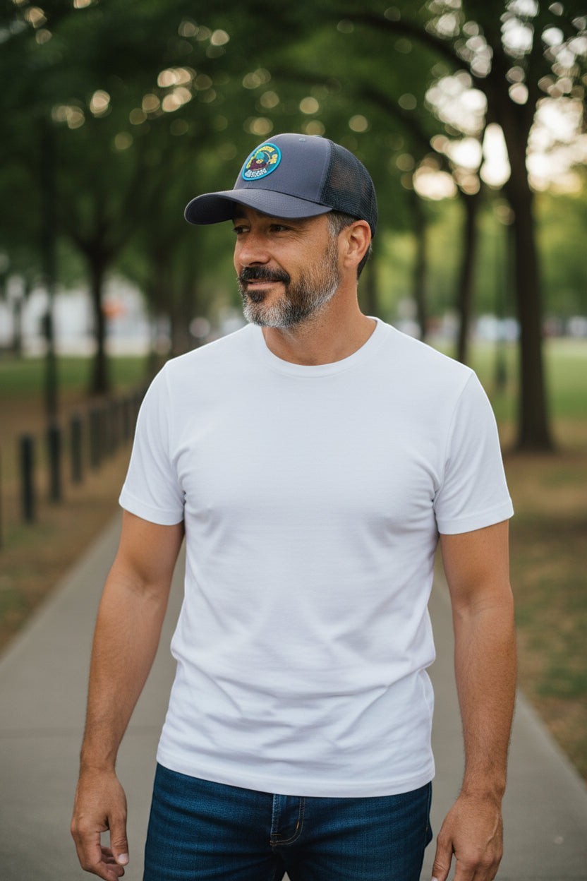 Moove Headwear Woodsy Owl trucker hat with mesh back and adjustable snapback closure, featuring a conservation graphic.